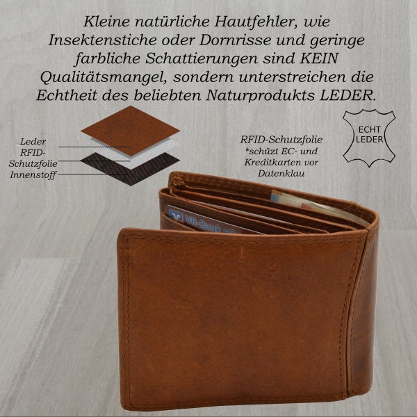 flevado Voll Leder Herren Ledergeldbörse RFID Schutz Hochwertig und Qualitativ Voll Leder Portemonnaie